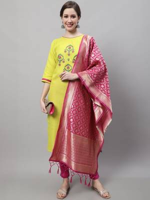 Lemon jacquard cotton silk Kurta Pant With Dupatta 1