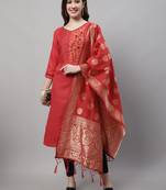 Red jacquard cotton silk Kurta Pant With Dupatta