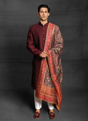 Maroon plain art silk sherwani 1