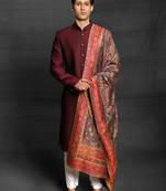 Maroon plain art silk sherwani