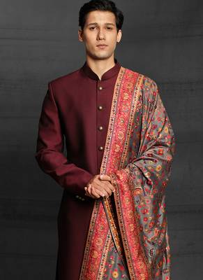 Maroon plain art silk sherwani 2