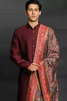 Maroon plain art silk sherwani