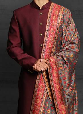Maroon plain art silk sherwani 3