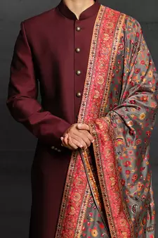 Maroon plain art silk sherwani