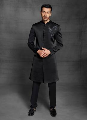 Black embroidered cotton sherwani 1