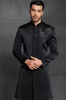 Black embroidered cotton sherwani