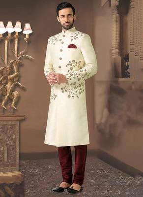 off white embroidered art silk sherwani 1