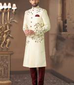 off white embroidered art silk sherwani