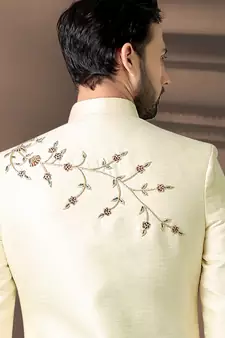 off white embroidered art silk sherwani