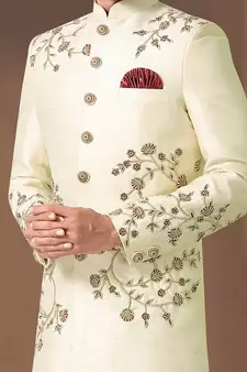 off white embroidered art silk sherwani