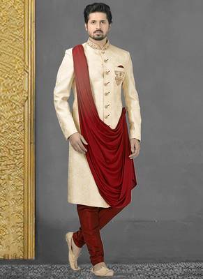 Fawn embroidered art silk sherwani 1