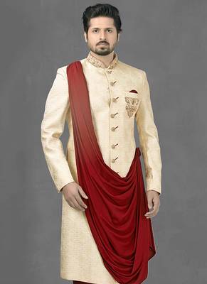 Fawn embroidered art silk sherwani 2
