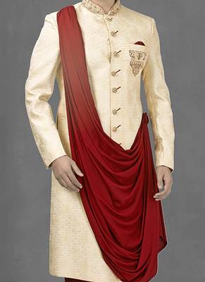 Fawn embroidered art silk sherwani 3