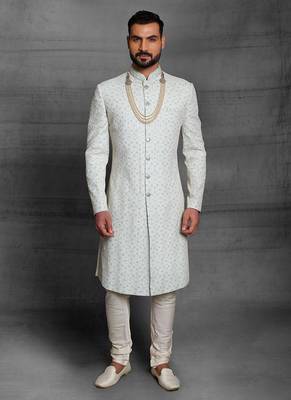 Beige embroidered art silk sherwani 1