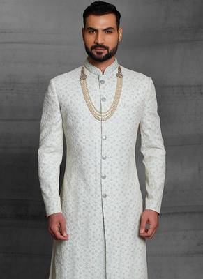 Beige embroidered art silk sherwani 2