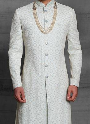 Beige embroidered art silk sherwani 3