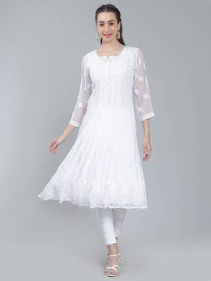 White embroidered georgette long-kurtis 1