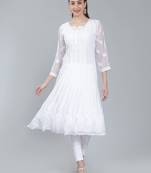 White embroidered georgette long-kurtis