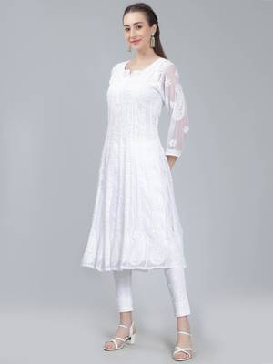 White embroidered georgette long-kurtis 2