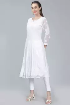 White embroidered georgette long-kurtis