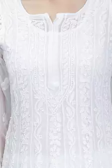 White embroidered georgette long-kurtis