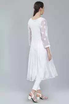 White embroidered georgette long-kurtis