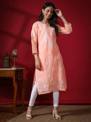 Peach embroidered cotton long-kurtis 1
