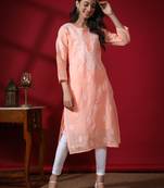 Peach embroidered cotton long-kurtis