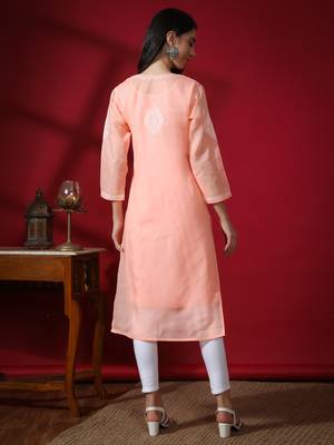Peach embroidered cotton long-kurtis 2