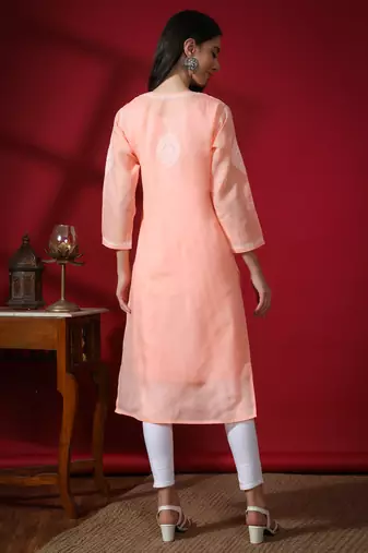 Peach embroidered cotton long-kurtis