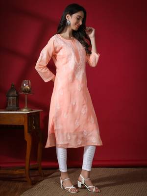 Peach embroidered cotton long-kurtis 3