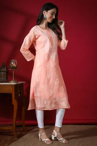 Peach embroidered cotton long-kurtis
