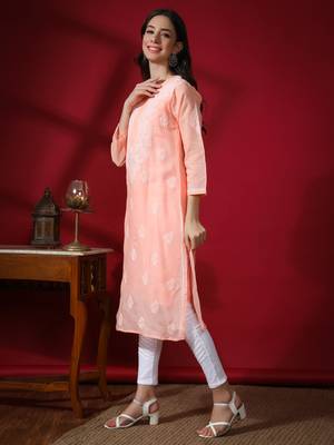 Peach embroidered cotton long-kurtis 4