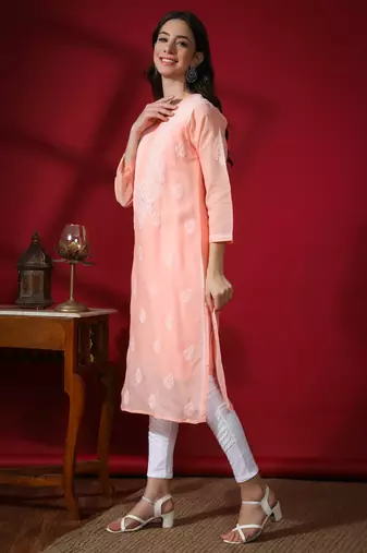 Peach embroidered cotton long-kurtis