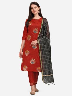 Red jacquard cotton silk Kurta Pant With Dupatta 1