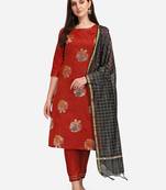 Red jacquard cotton silk Kurta Pant With Dupatta