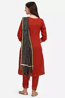 Red jacquard cotton silk Kurta Pant With Dupatta