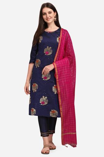 Navy-blue jacquard cotton silk Kurta Pant With Dupatta