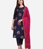 Navy-blue jacquard cotton silk Kurta Pant With Dupatta