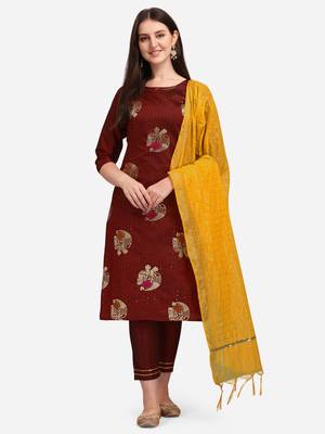 Maroon jacquard cotton silk Kurta Pant With Dupatta 1
