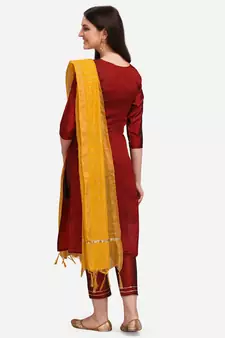 Maroon jacquard cotton silk Kurta Pant With Dupatta