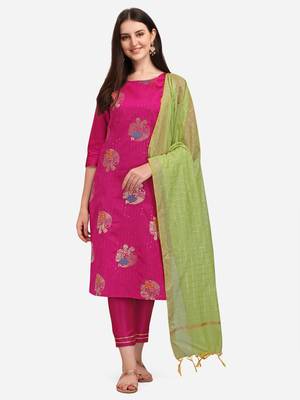 Dark-pink jacquard cotton silk Kurta Pant With Dupatta 1