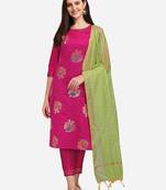 Dark-pink jacquard cotton silk Kurta Pant With Dupatta