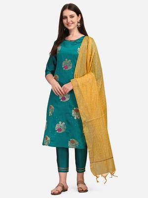 Aqua-blue jacquard cotton silk Kurta Pant With Dupatta 2