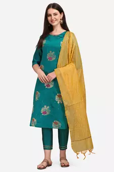 Aqua-blue jacquard cotton silk Kurta Pant With Dupatta