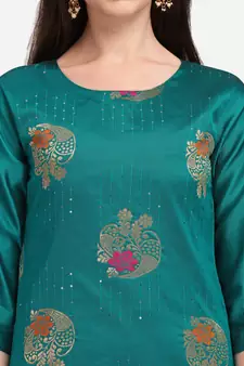 Aqua-blue jacquard cotton silk Kurta Pant With Dupatta