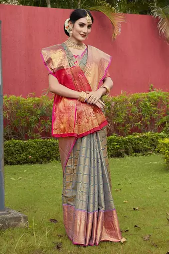 Grey Zari Woven Kanjeevaram silk Saree With Blouse