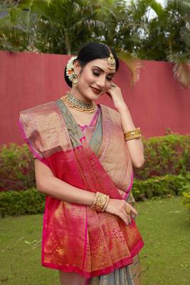 Grey Zari Woven Kanjeevaram silk Saree With Blouse 4