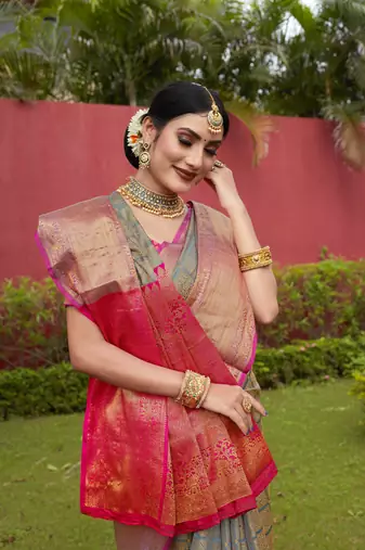 Grey Zari Woven Kanjeevaram silk Saree With Blouse