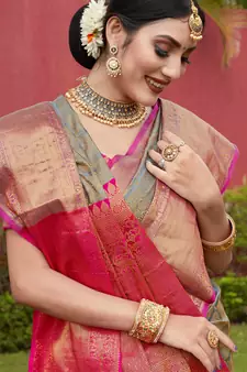 Grey Zari Woven Kanjeevaram silk Saree With Blouse